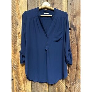Pleione Navy Blue Roll Tab Sleeve Blouse Women's M Boho Workwear Tunic Top‎